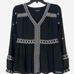 W./Wantable Black Sheer Embroidered Babydoll Blouse Top Small Celestial Boho